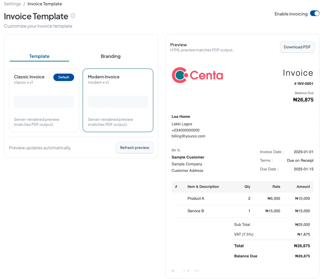 The Invoice Template page with Classic and Modern templates and a live preview