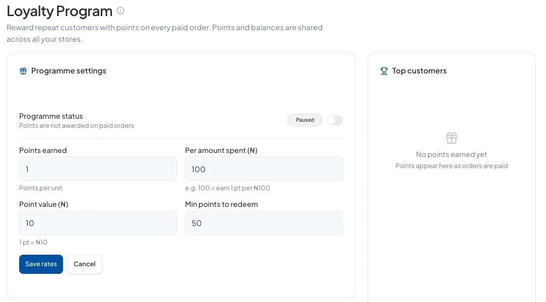 Editing loyalty rates: 1 point per ₦100, each point worth ₦10, 50 points to redeem