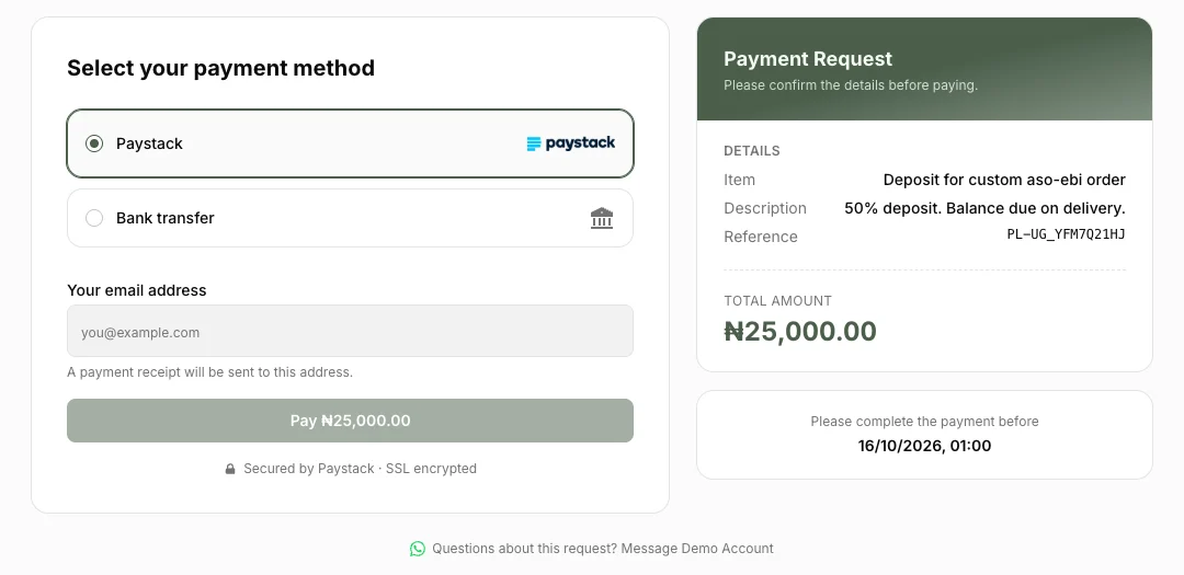 The customer's payment page, with Paystack and bank transfer options