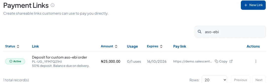 The Payment Links list showing the new link with a Copy button