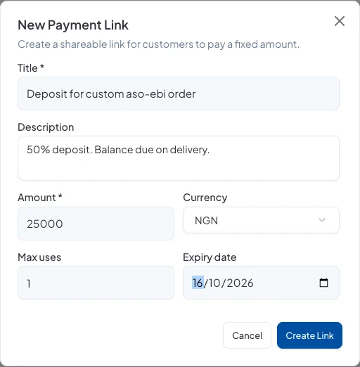 The New Payment Link form: a ₦25,000 deposit, one use, with an expiry date
