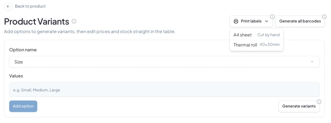 The Print labels menu on a product's variants page