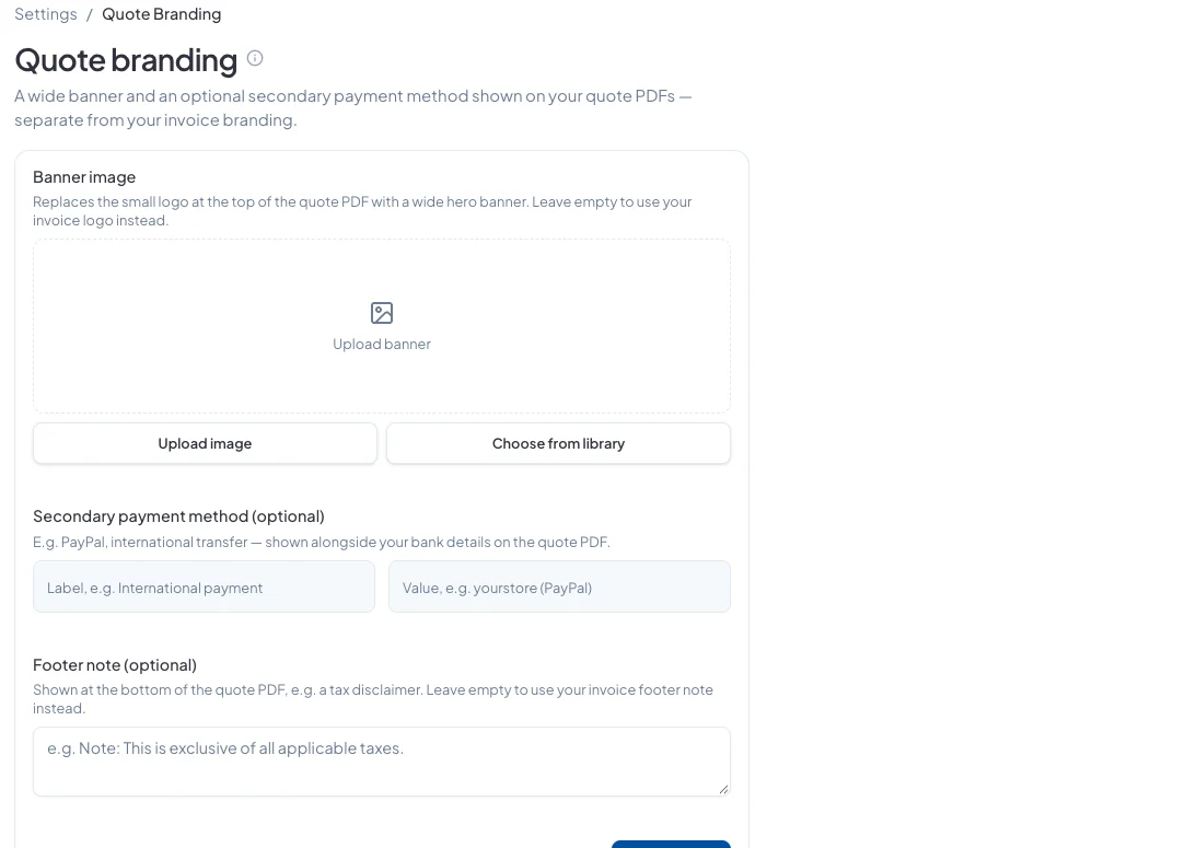 The Quote branding page: banner image, secondary payment method and footer note